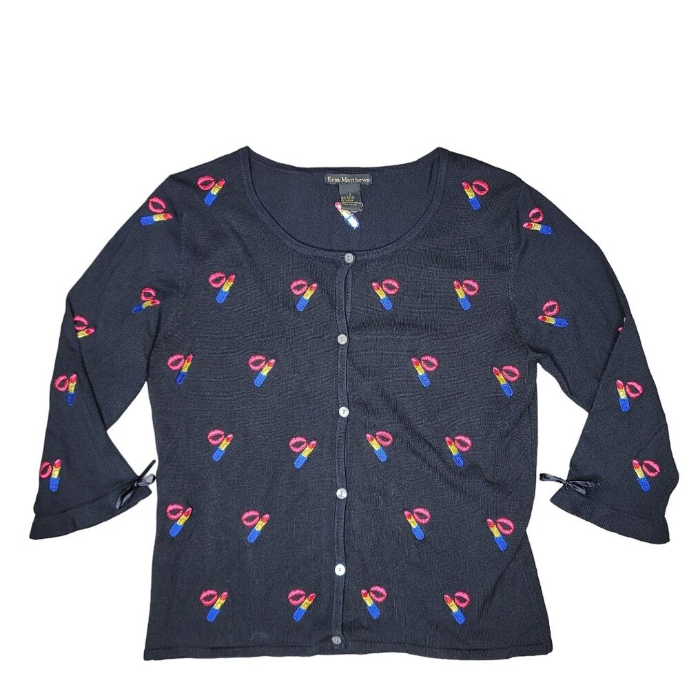 Erin Matthews Women's Small Black Cardigan Sweater With Lipstick lip Print